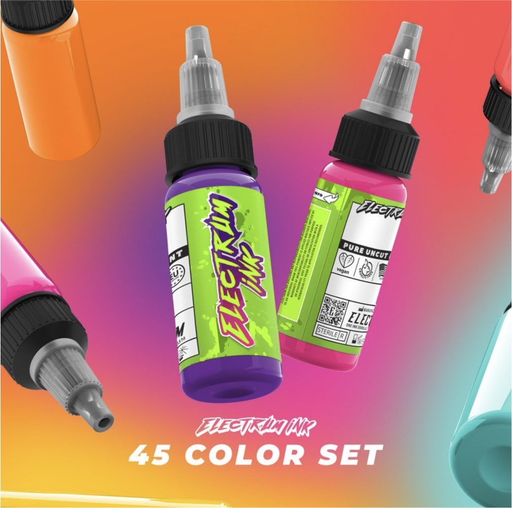 45 Color Starter Set featuring 45 tattoo ink colors needed to be an professional tattoo artist
